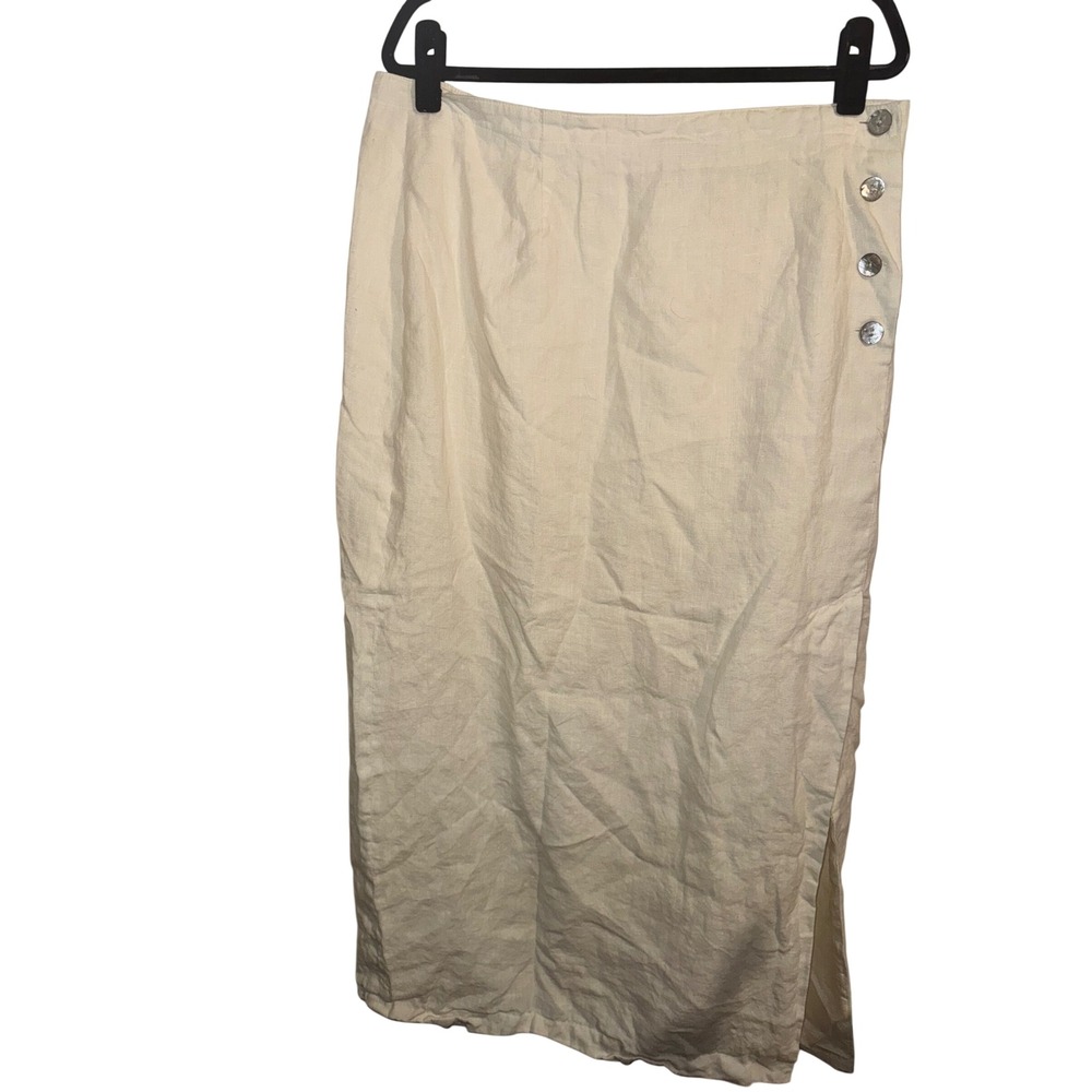 David N. Womens Ivory 100% Linen Side Button Lined Midi Skirt Slit Cream L/XL